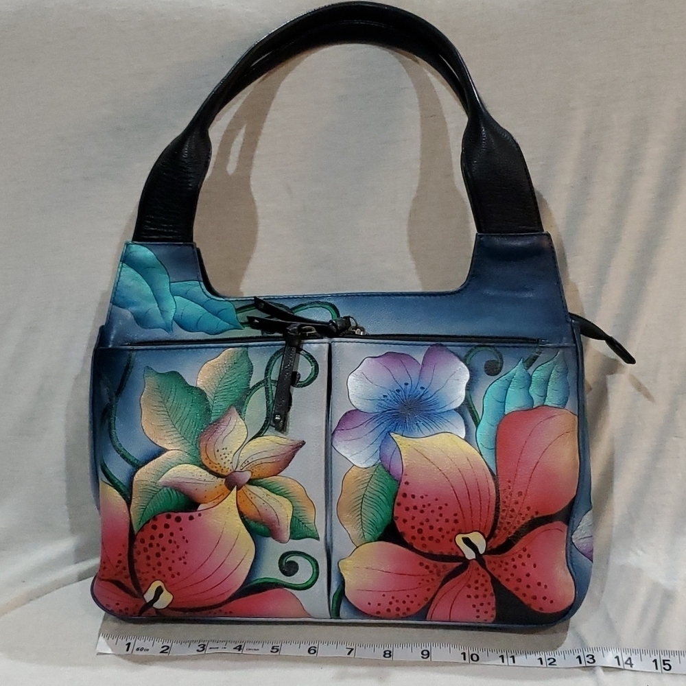 Anuschka large 2 compartment shoulder bag floral handpainted leather nwot